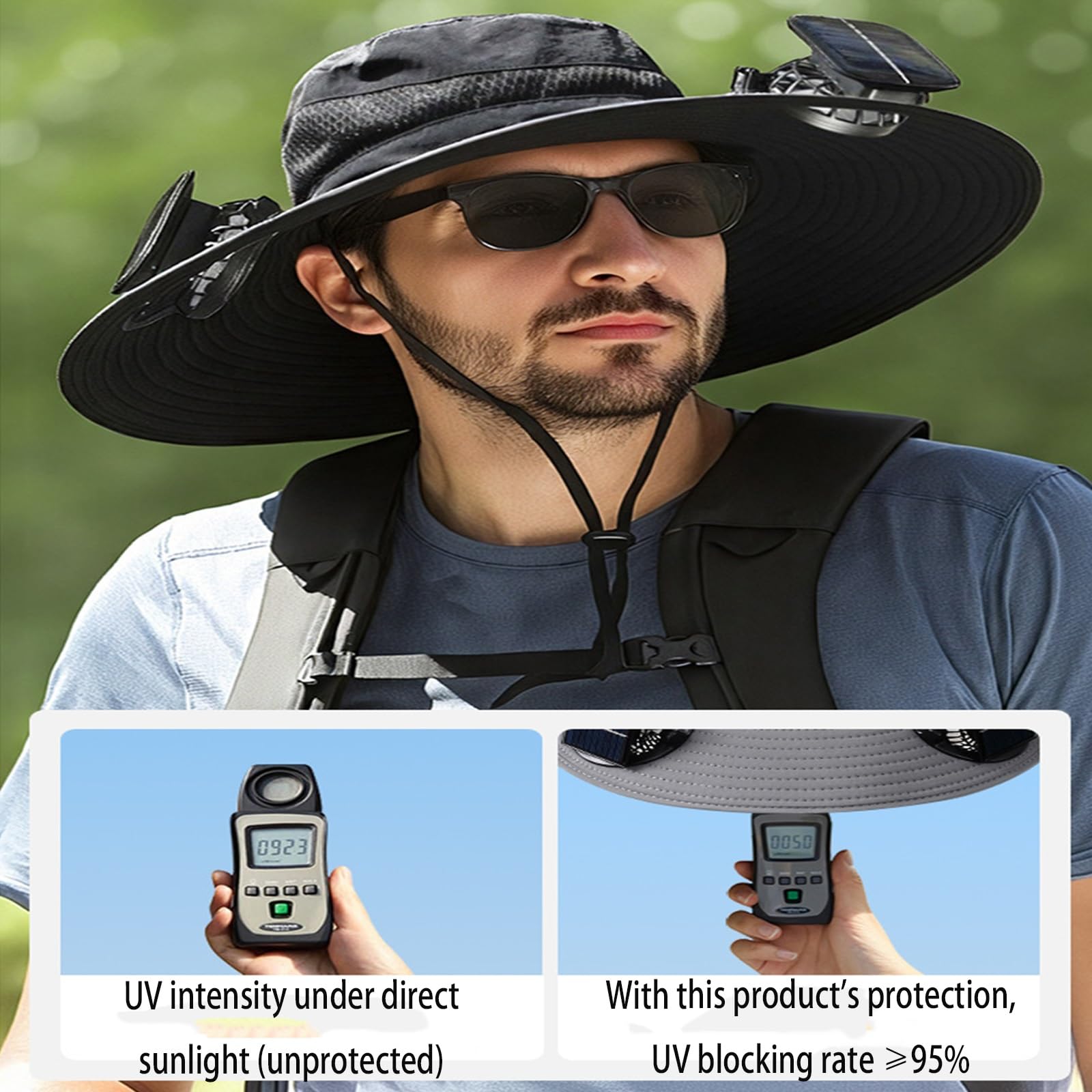 2 Solar Fan Sun Bucket Hat-Outdoor Wide Brim Sun Hat, Fishing Hat with Fan for Men, Waterproof Outdoor Camping Fishing Hat