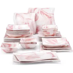 Plates and Bowls Sets, 26 count  Dinnerware Sets for 6, Porcelain Dinnerware Set with Dinner Plates and Bowls, Serving Platters, Square Dishware Sets, Modern Dish Set, Series Flora