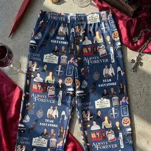 Vampire D1aries Blue Navy Pajamas Trousers, Damon Salvatore Long Pants With Stickers On, Hello Brother Sleepwear, Damon Stefan Merch, Halloween Merch
