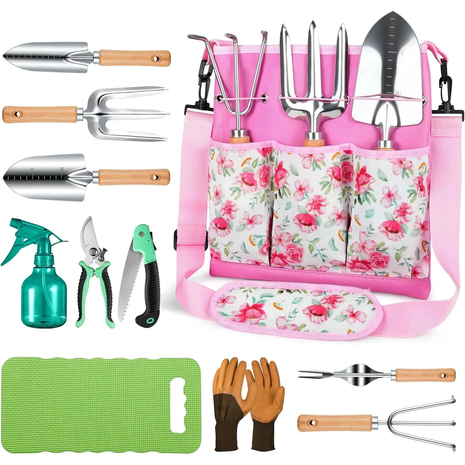 Integrated Garden Tool Set, 11-Piece Heavy-Duty Gardening Tools, Comes with Ergonomic Canvas Shoulder Bag, Rust-Resistant High-Quality Garden Tool Kit, Suitable as a Gardening Gift for Women and Men (Pink)