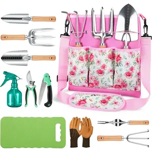 Integrated Garden Tool Set, 11-Piece Heavy-Duty Gardening Tools, Comes with Ergonomic Canvas Shoulder Bag, Rust-Resistant High-Quality Garden Tool Kit, Suitable as a Gardening Gift for Women and Men (Pink)