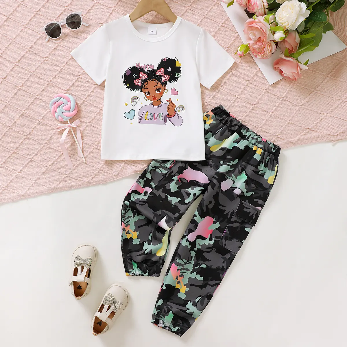 Ready Stock Kid Girls Cartoon Figure Print Short Sleeve T-shirt Elastic Camo Pants Set 2Pcs Spring Fall Clothing From 4-7Y 22405129