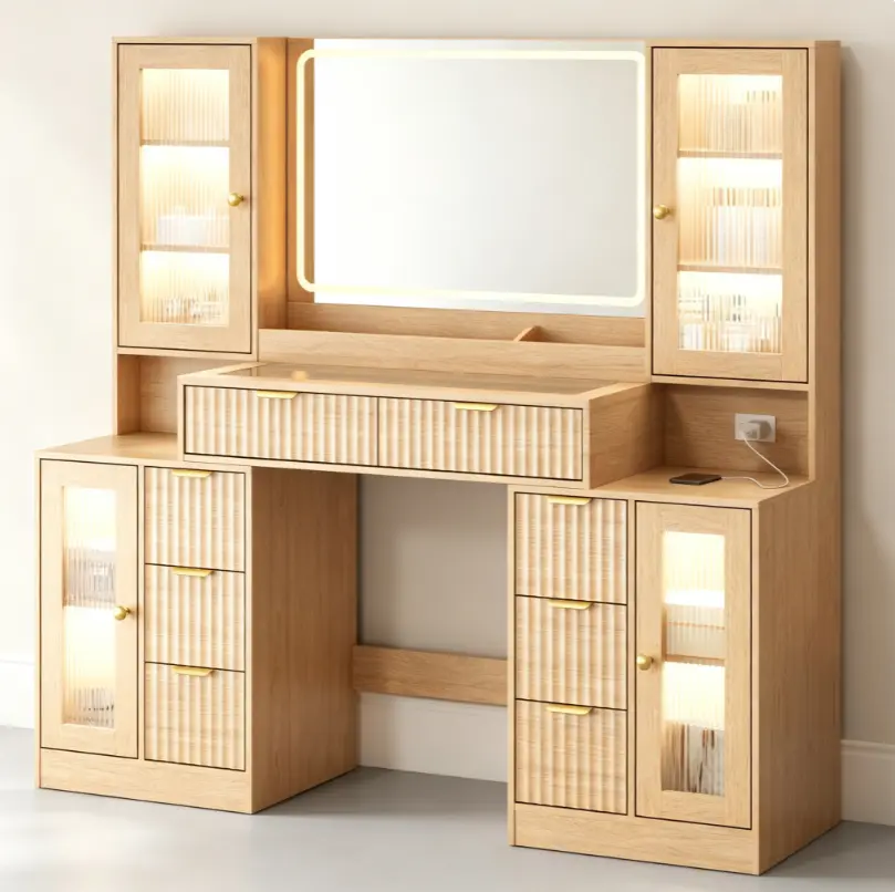 Large Vanity Desk with Full‑Size LED Lighted Mirror, 3‑Touch Control Light Modes, Multiple Drawers & Open Storage, Modern Makeup Dressing Table for Bedroom