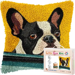 DIY Latch Hook Pillow Kits for Adults Cute Boston Terrier Dog in Car Printed Pillowcase Crochet Yarns Hooking Handmade Pillow Cover Cushion for Home Sofa Decoration 17x17inch(3)
