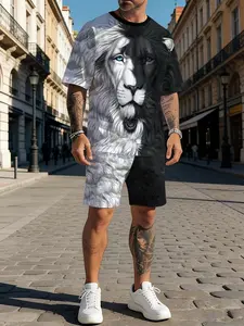 Men's 3D Print Short Sleeve T-Shirt + Shorts Set, Casual Sporty Style, Breathable Outdoor Wear, Summer Lion 3D Print Set, Father's Day Gift