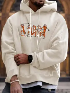 Men's Tiger & Golf Print Drop Shoulder Hoodie, Loose Fashion Casual Drawstring Pocket Hooded Sweatshirt for Daily Holiday Outdoor Wear, Men Clothes for Fall & Winter, Casual Streetwear Sweatshirt