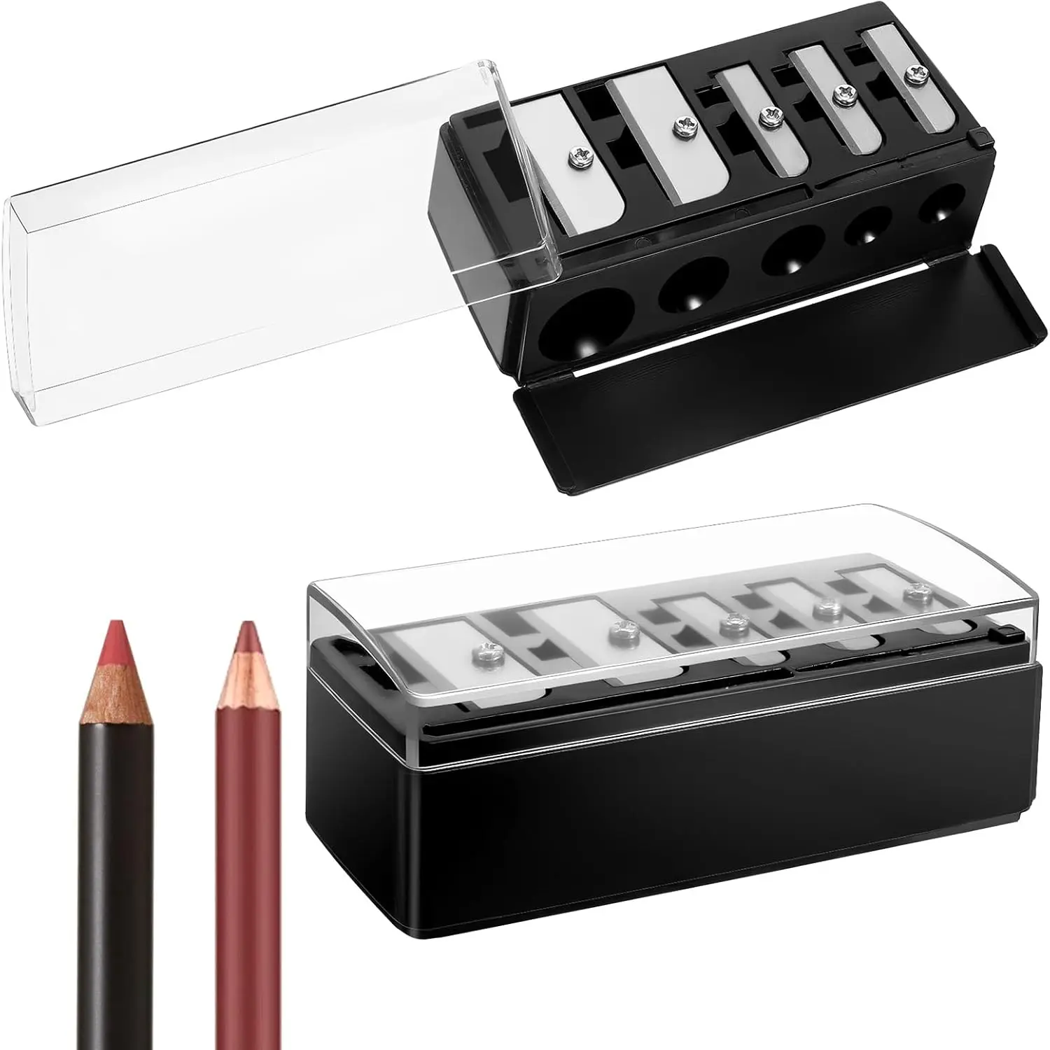 2 PCS Eye Pencil Sharpener for Women, 5 Hole Cosmetic Long Point Manual Pencil Sharpener with Plastic Lid, Lip Liner Pencils Eyeliner Eyebrow Sharpeners Makeup Eyeliner Pencils Sharpeners, Black