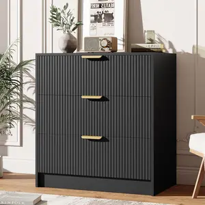 3-Drawer Fluted Dresser, 31" Tall Modern Vertical Chest of Drawers with Golden Metal Handles, Multi-Functional Wooden Nightstand Storage Organizer for Bedroom, Entryway, Hallway and Living Room