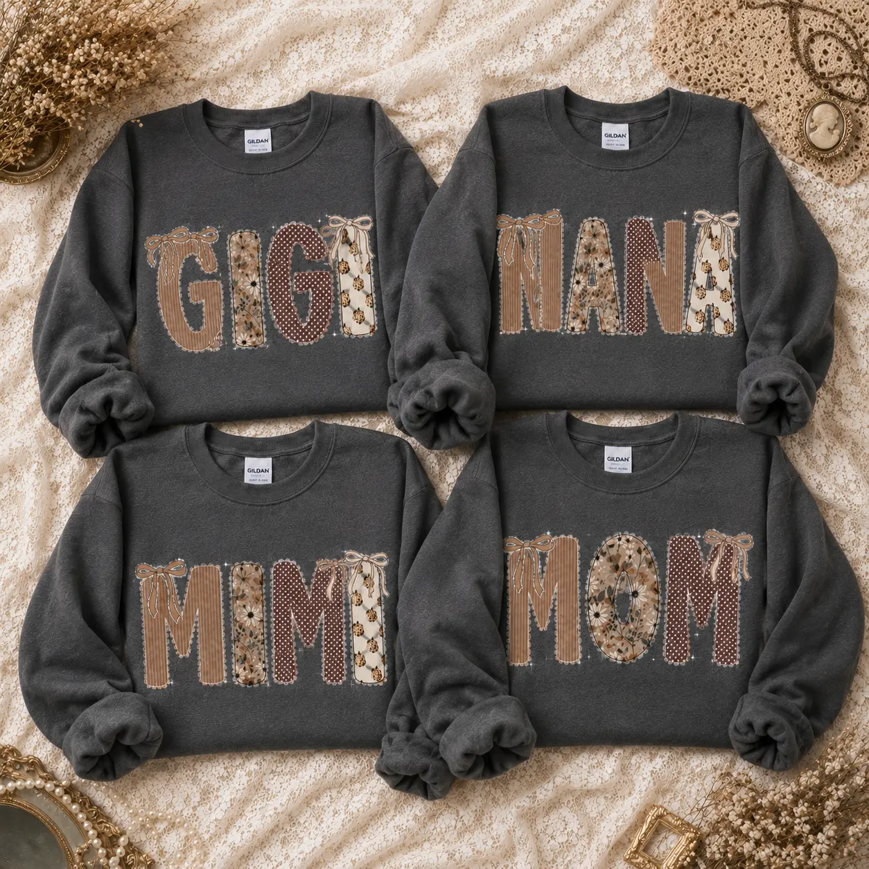Custom Gigi Nana Mimi Mom Sweatshirt, Patchwork Bow Family Crewneck, Coquette Charcoal Shirt, Personalized Grandma Mama Gift for Women, Cute Fall Floral Family Sweatshirt -DPCLICK