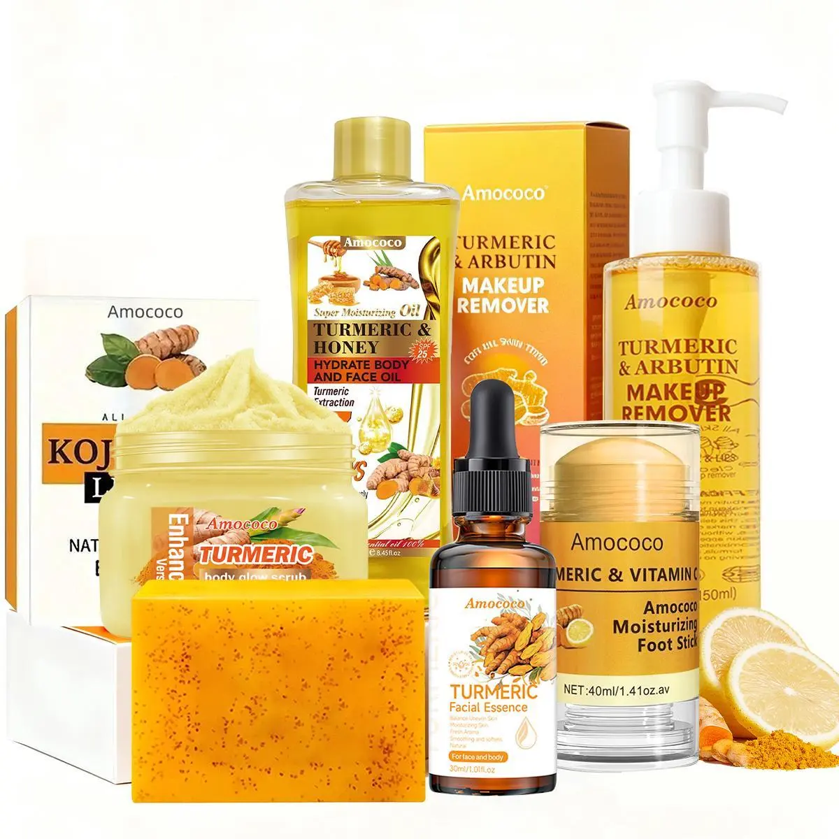 Turmeric Series Full Body Ultimate Care Set | Turmeric Soap + Body Scrub + Turmeric Oil + Essential Oil + Makeup Remover Water + Heel Repair Stick, Daily Cleansing Skincare & Full Body Routine Care