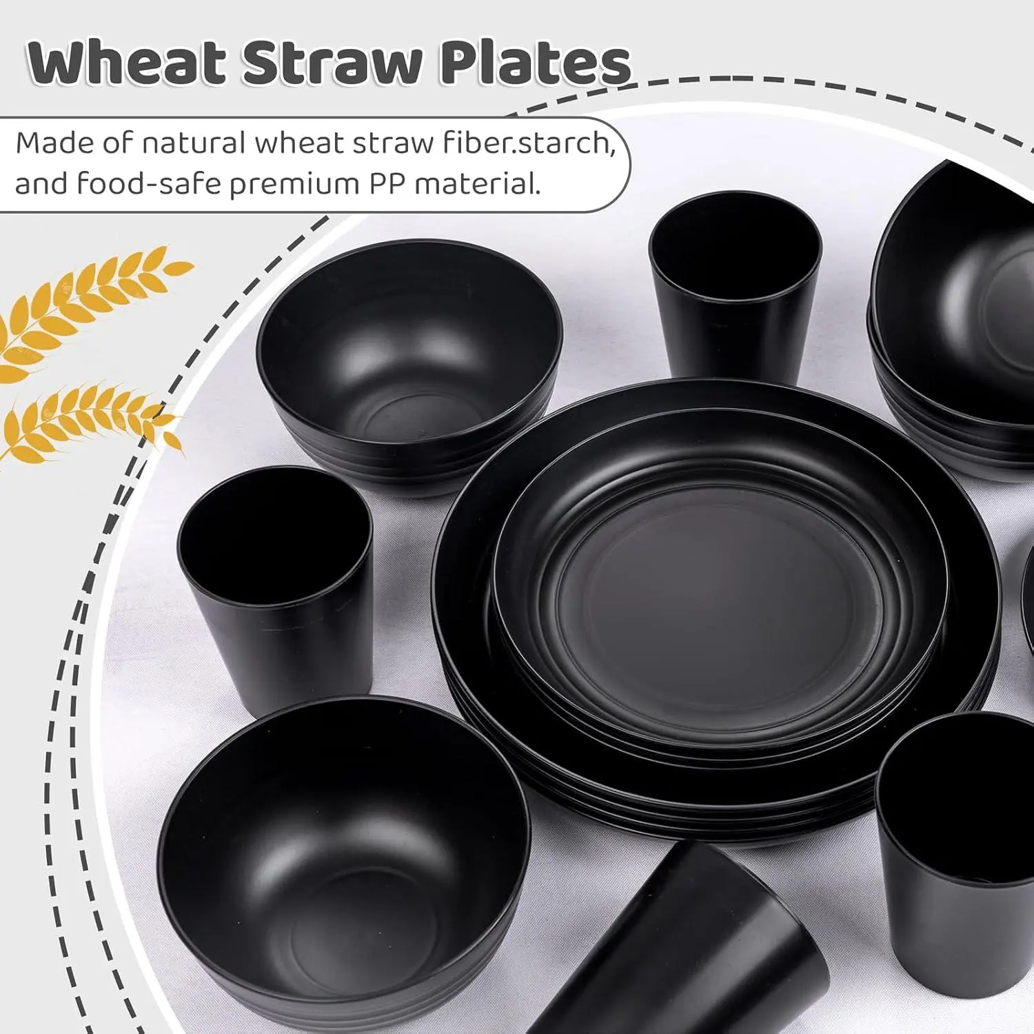 LIYH 16 Pcs Black Wheat Straw Dinnerware Set - Unbreakable Plates and Bowls Sets, Dish Sets for 4, Black Plastic Dinnerware Set Include Wheat Straw Dinner Plates Bowls Cups Kitchen & Camping LIYH Love in your heart