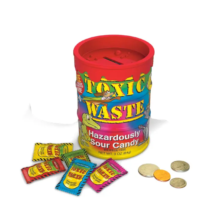 TOXIC WASTE - Hazardously Sour Candy - Apple, Watermelon, Lemon, Blue Raspberry, & Black Cherry Flavors - 3 oz. Tie Dye Bank - Stickers Included