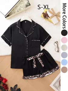 Women's Patchwork Contrast Binding Short Sleeve Shirt & Shorts Pajama Set, Casual Comfy Two-piece Pj Set, Ladies Sleepwear Loungewear for All Seasons