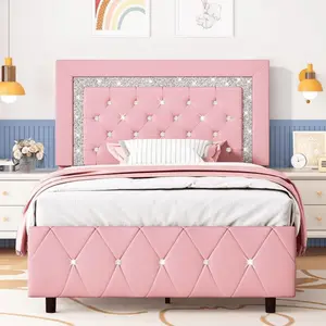 Upholstered Bed Frame, Modern Platform Bed Frame With Diamond Headboard And Footboard, No Boxing Spring Needed, Easy Assembly, Black/ Grey/ Pink/ Purple/ White/ Beige / Green, Twin/ Full/ Queen/ King