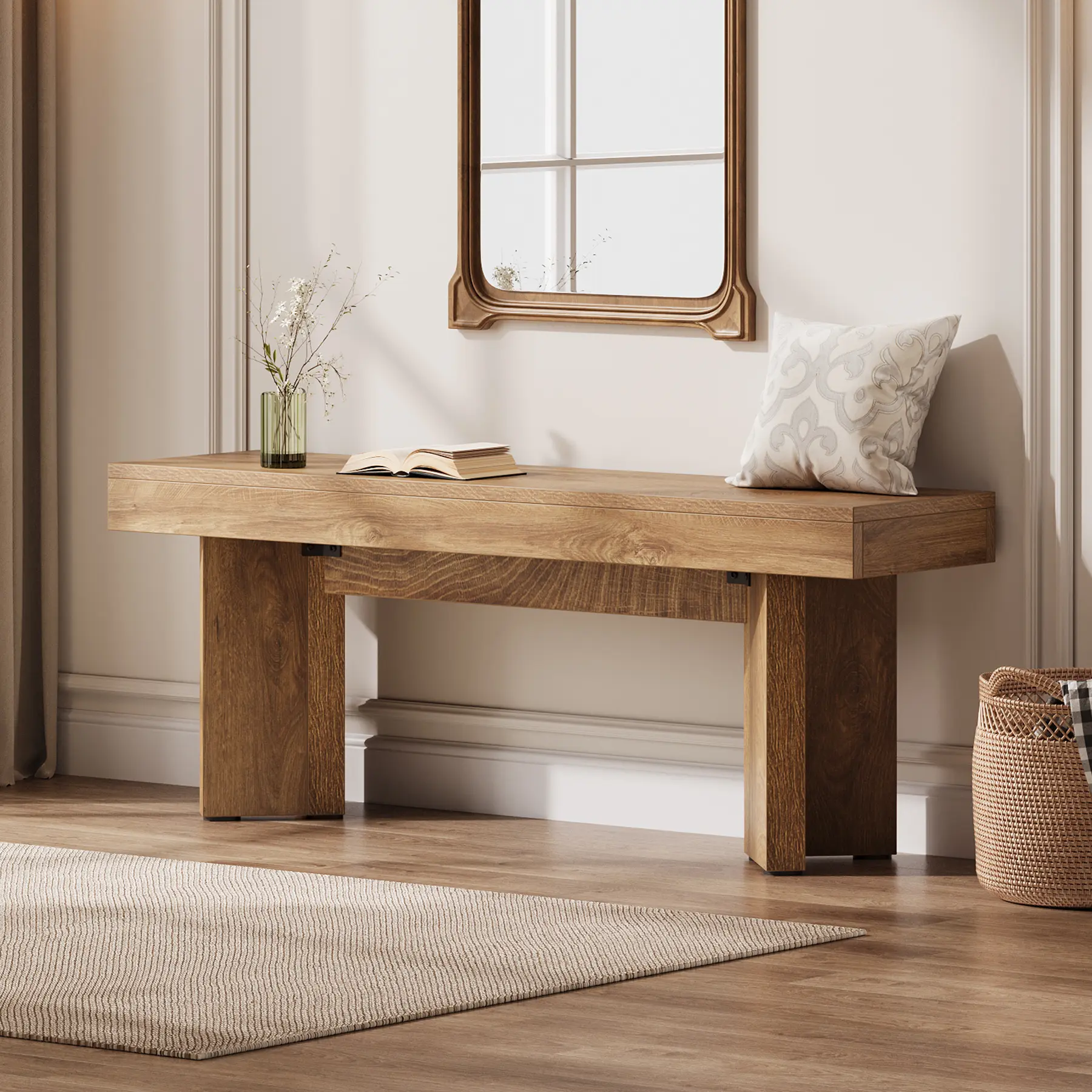 LITTLE TREE 47“  Long Dining Bench, Farmhouse Wooden Entryway Bench, Indoor End of Bed Bench for Bedroom, Living Room, Dining Room, Hallway, Light Brown