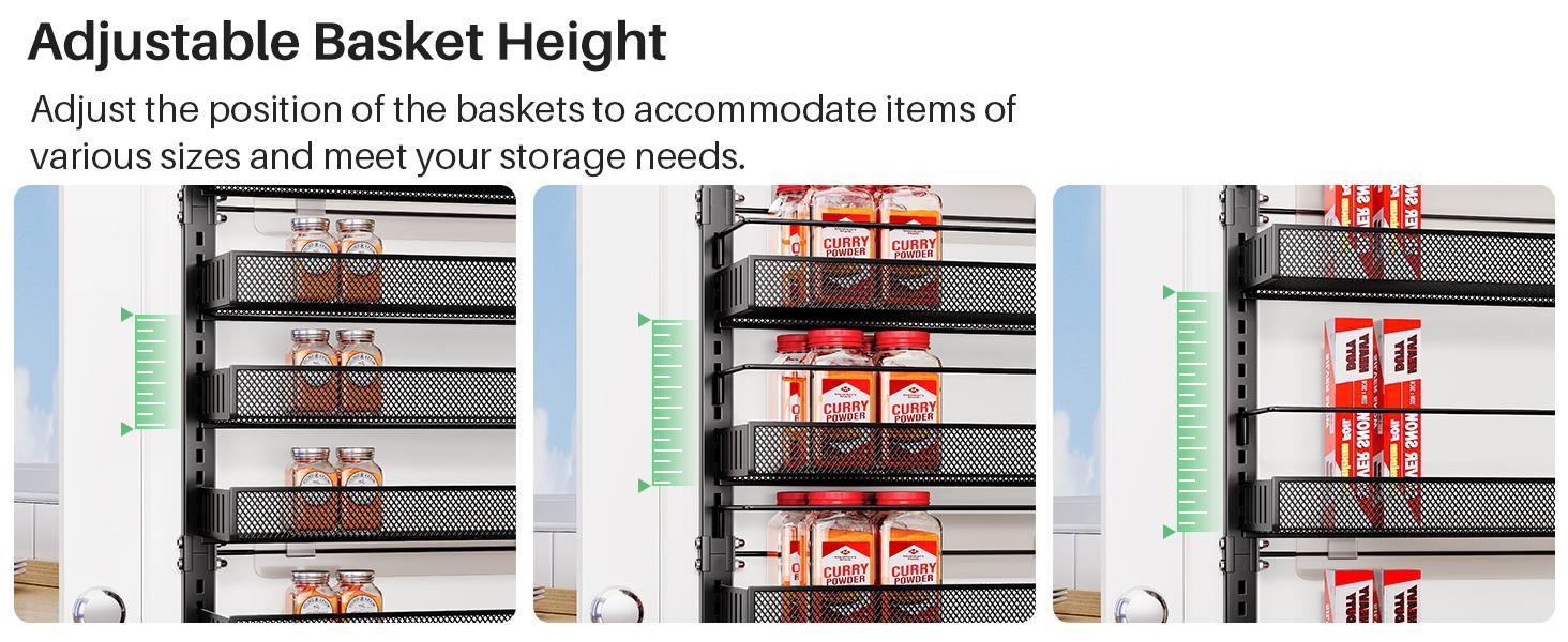 New 8 Tiers Over the Door Organizer - Height Adjustable Pantry Organizers and Storage with Dense Mesh Baskets, Anti-Swing Hanging Door Spice Rack for Kitchen Bathroom