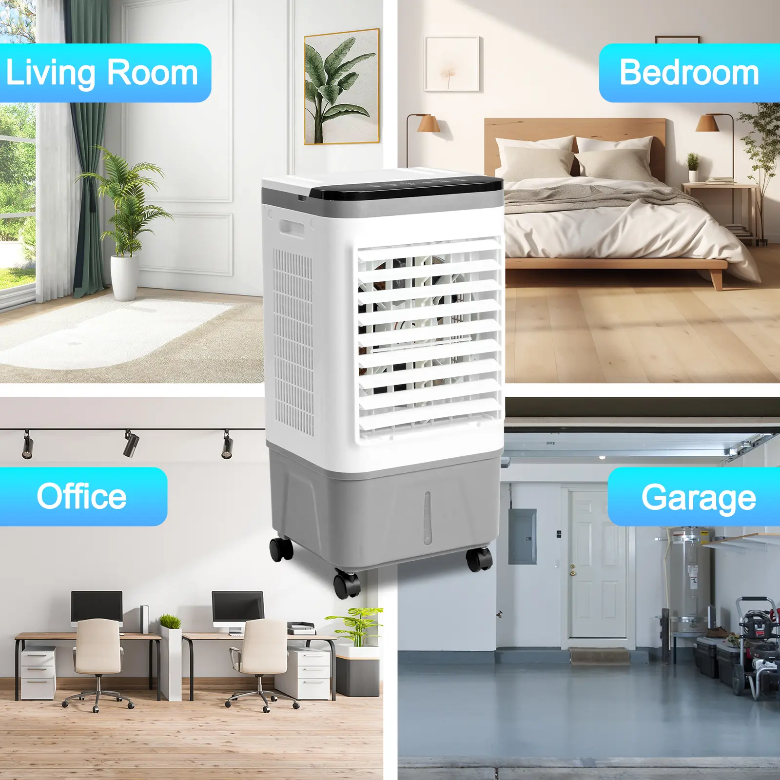3-in-1 Gray and White Portable Evaporative Cooler - 720R Copper Motor, 461CFM Flow, 5.28 Gal Water Tank, 4 Ice Packs, 12H Timer, Remote Control, Scroll Casters, Cool & Humidify for Garage, Porch, Movie Night Use