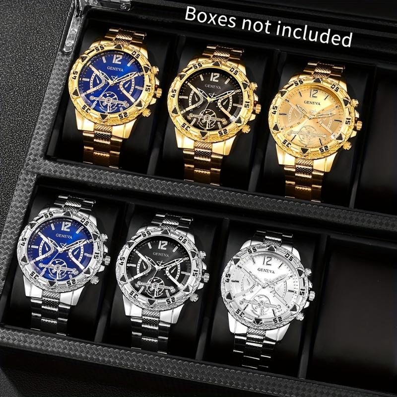 6pcs/3pcs New Men's Fashion Personalized Round Quartz Watch Combination ...