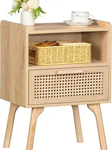 Rattan Nightstand, Boho Side Table with Drawer Open Shelf, Cane Accent Bedside End Table with Solid Wood Legs for Bedroom, Dorm and Small Spaces (Natural)