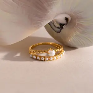Pearl Duo Ring by Caitlyn Minimalist - Dainty 18K Gold Plated Beaded Pearl Ring - Vintage Double Band Stacking Ring - Unique Promise Ring - Delicate Wedding Jewelry - Gift for Wife