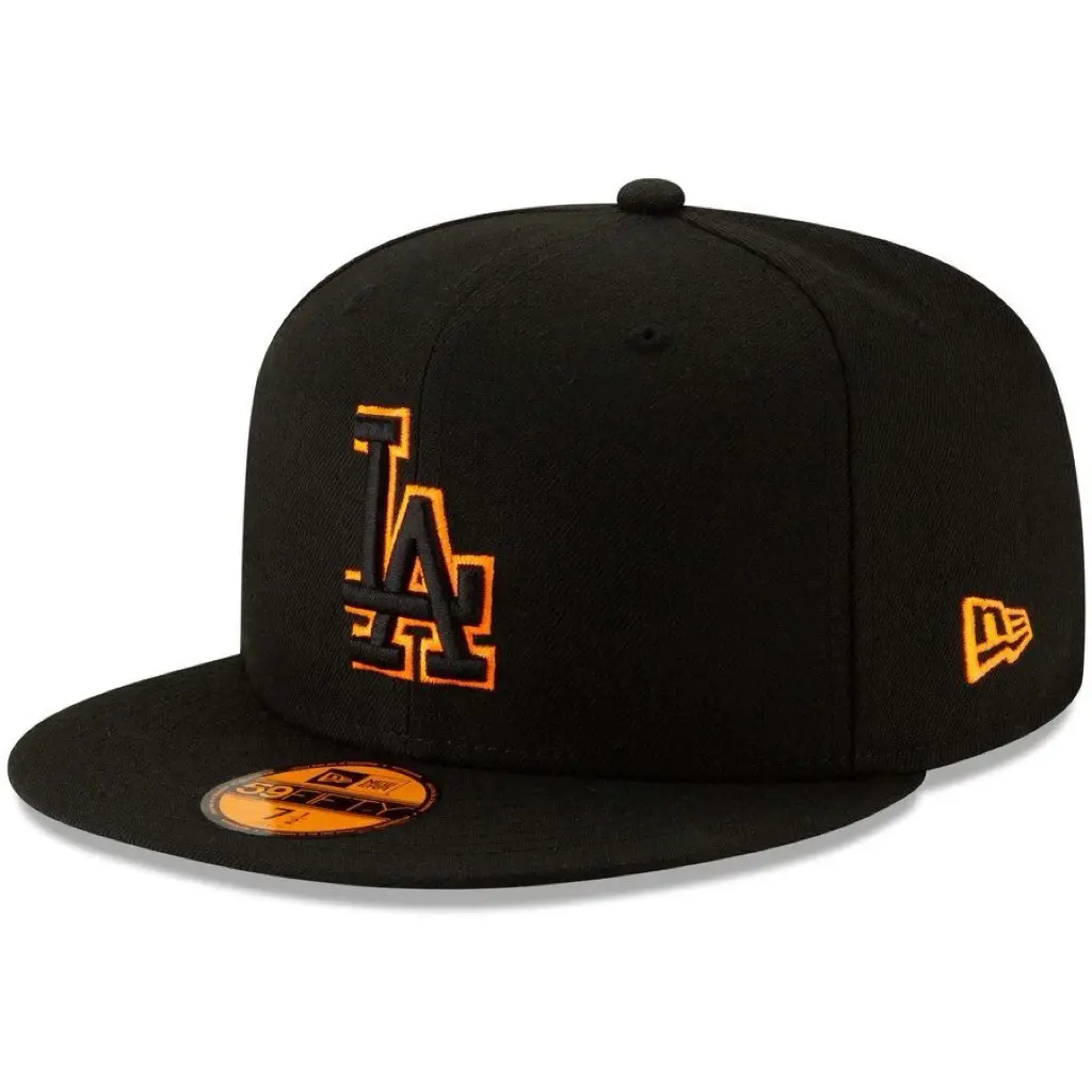 New Era MLB Los Angeles Dodgers 59FIFTY Fitted Hat, Black Flat Bill Baseball Cap, Embroidered Gold LA Logo, Premium Unisex Streetwear