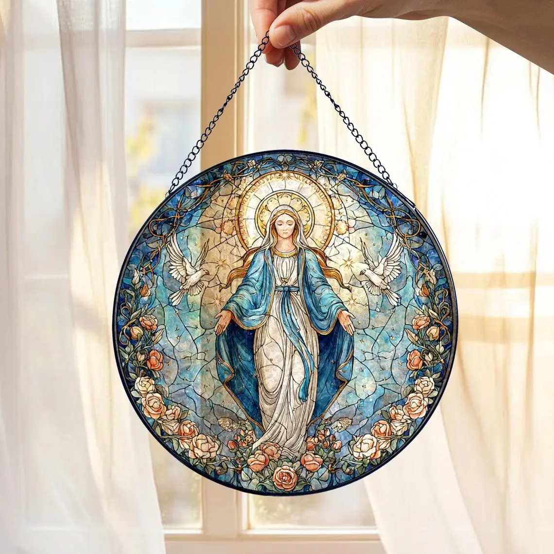 Virgin Mary Stained Glass Suncatcher - Round Our Lady of Grace Window Hanging, Colorful Light Artwork, Catholic Christmas Decorative Gift, Christian Home Wall Window Decor for Valentine's Day