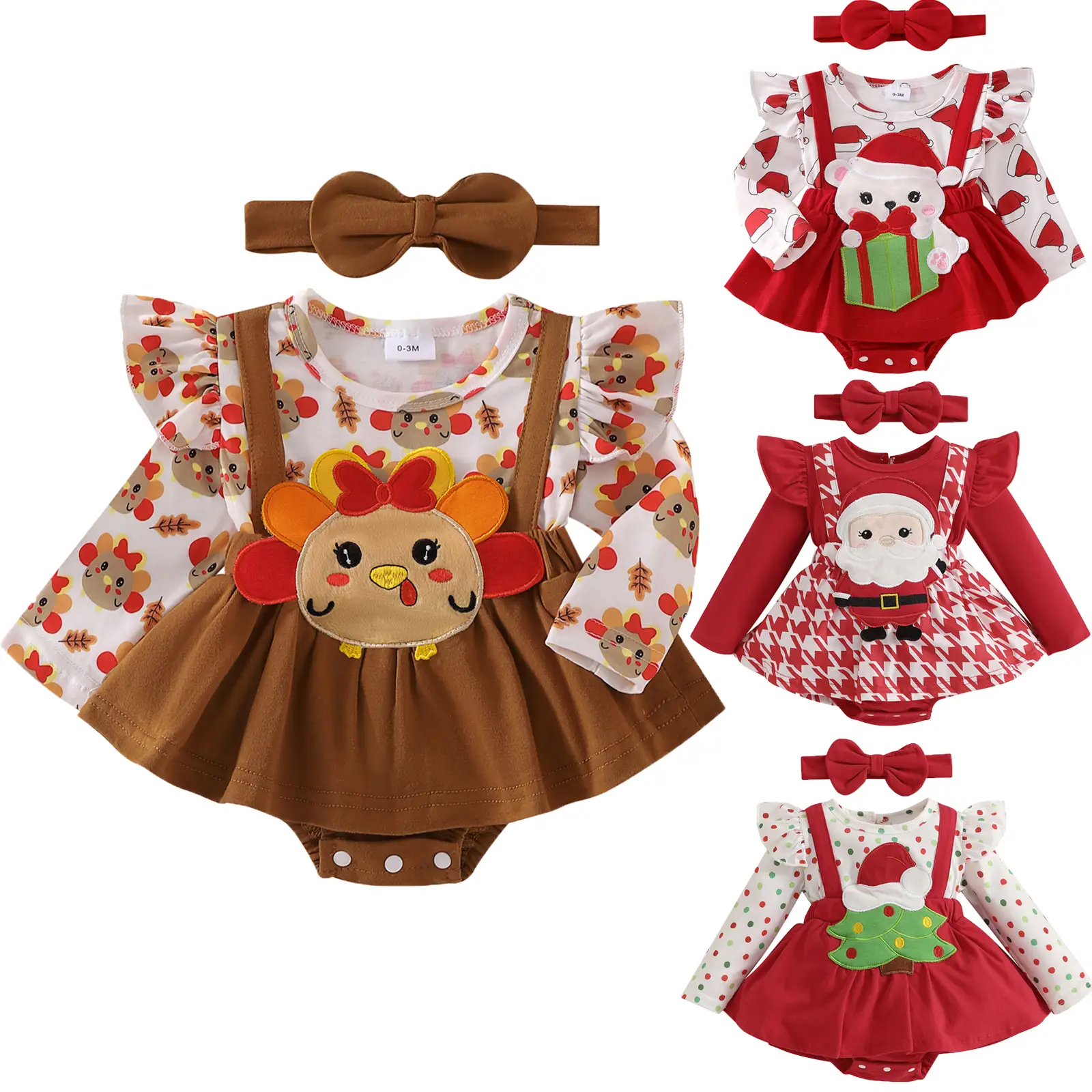 Newborn Baby Girl Christmas Thanksgiving Christmas Outfit Long Sleeve Romper Dress with Headband Clothes