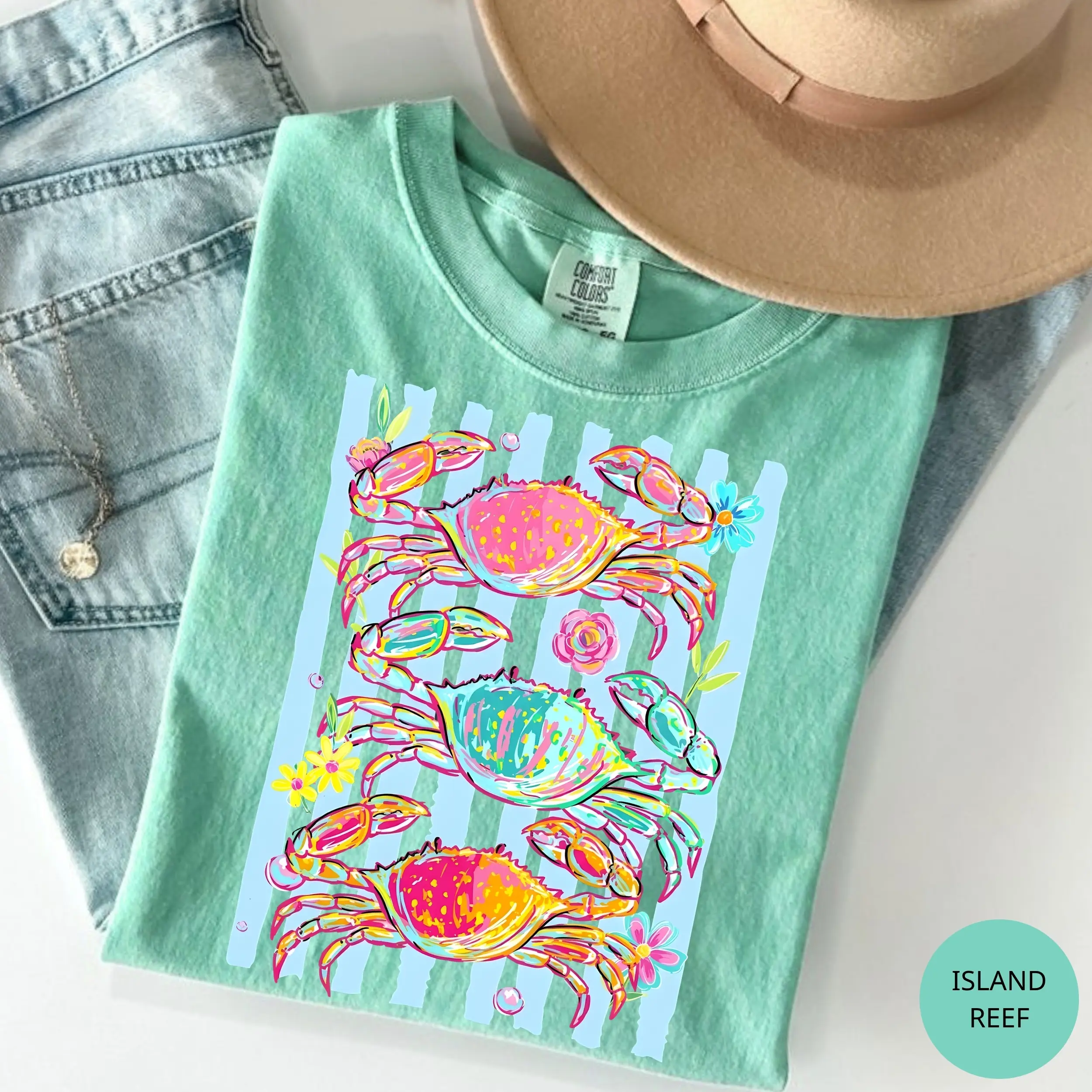 Comfort Colors Striped Brushstroke Crab T Shirt, Preppy Floral Beach Crab TShirt, Coastal Summer Crab T-Shirt, Collage Crab Summer Crabs Graphic Tee Gift, Gift for Her, Cotton Fabric