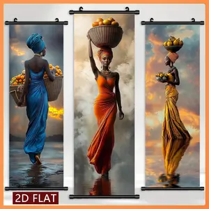 3 Pcs African Love Figures Scroll Paintings, Fruit Basket Colored Dress Girl Theme High-Definition Print Hanging Canvas, Wall Decor for African Folk Culture Lovers
