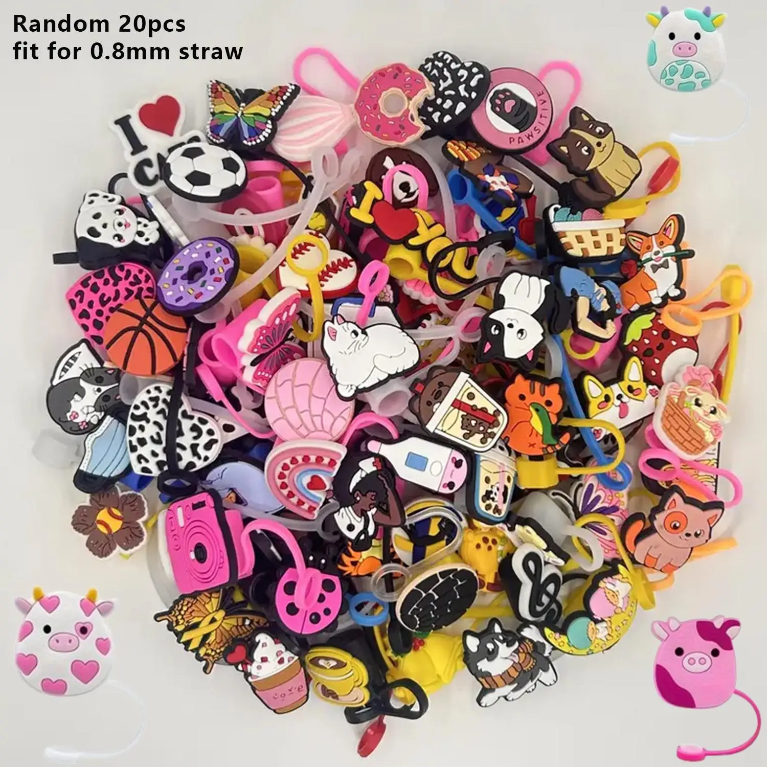 Random Color Cute Cartoon Silicone Straw Cap, 20pcs Reusable Straw Cover, Drinkware Accessories for Home Kitchen Party Festival, Back to School Essent