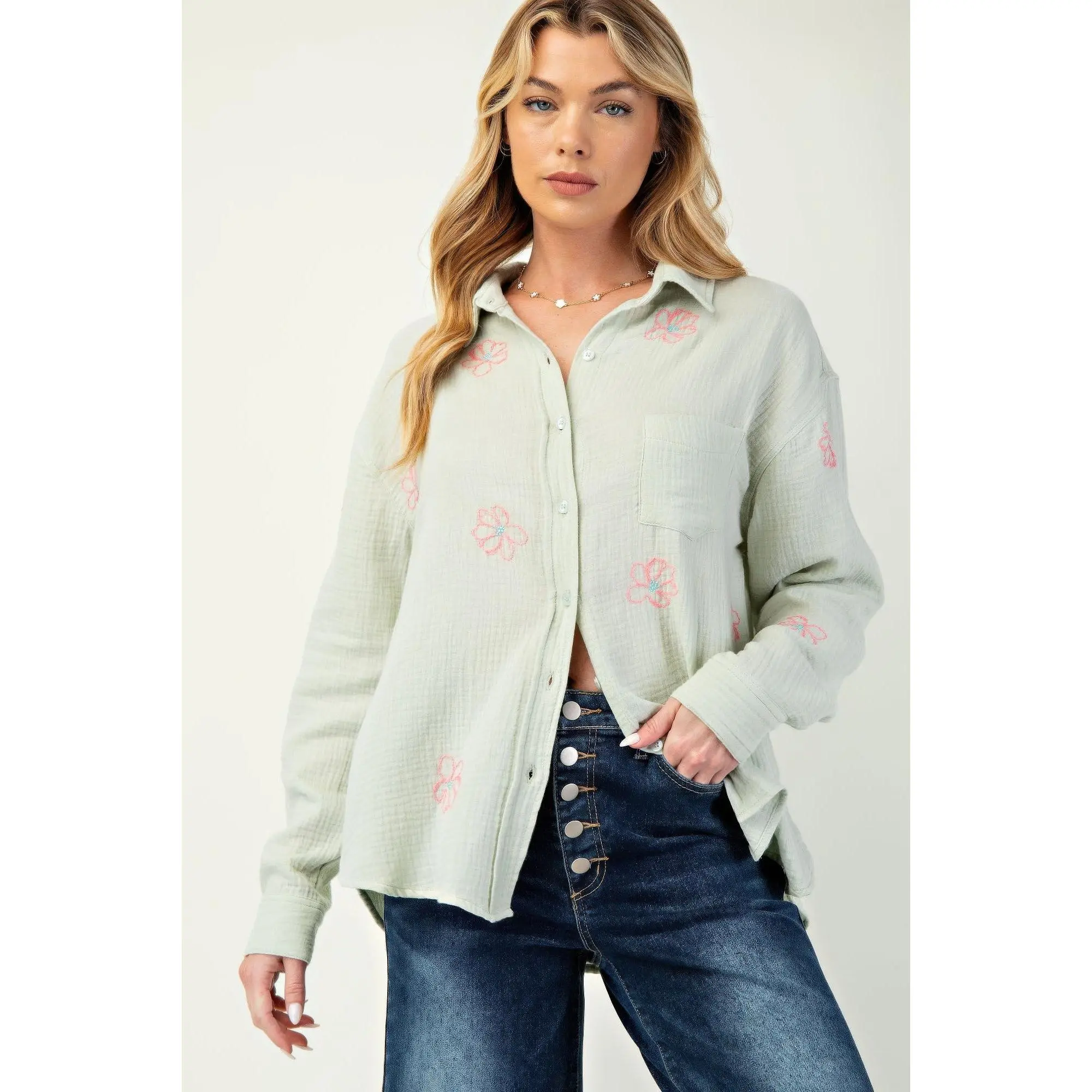 Embo detailed cotton gauze button down shirt