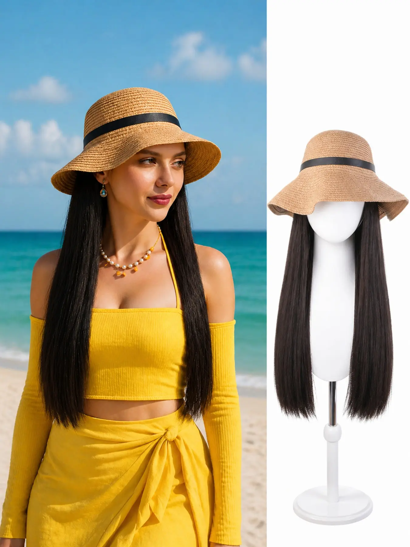 1pc Straw Long Straight Hair Hat, Casual Vacation Style, Sun Protection Breathable, Natural Synthetic Fiber, Beach Trip/daily Wear/outdoor Travel