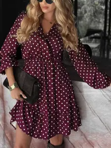 French Sweet V-Neck Long Sleeve Dress, Polka Dot Pattern, Elastic Waist Design, Medium-Length Womenswear, Casual Wear Fashion