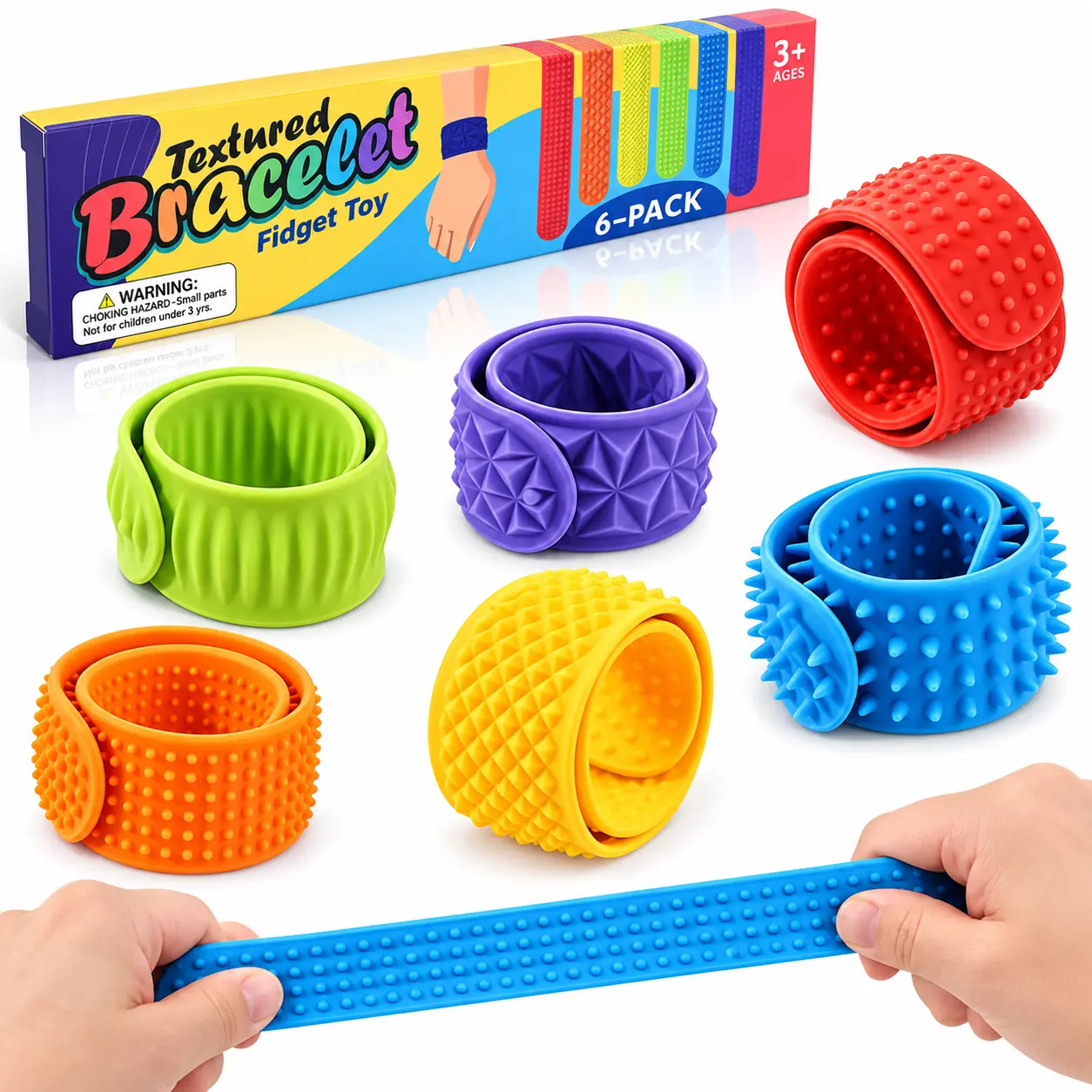 Sensory Fidget Toys for Kids Stress Relief Toys: Textured Silicone Slap Bracelets 6 Pack, Wearable Sensory Toys for Adults Office Desk, Calm Down Travel Airplane Toys