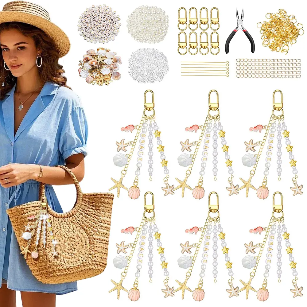 776-Piece Nautical DIY Handmade Aesthetic Keychain Making Kit for Beginners - 4mm Seashell, Starfish, Pearl, Letter Name Beads, Exclusive Tools, Beach Ocean Themed Home Improvement Craft Gift for Women, Customized Gifts