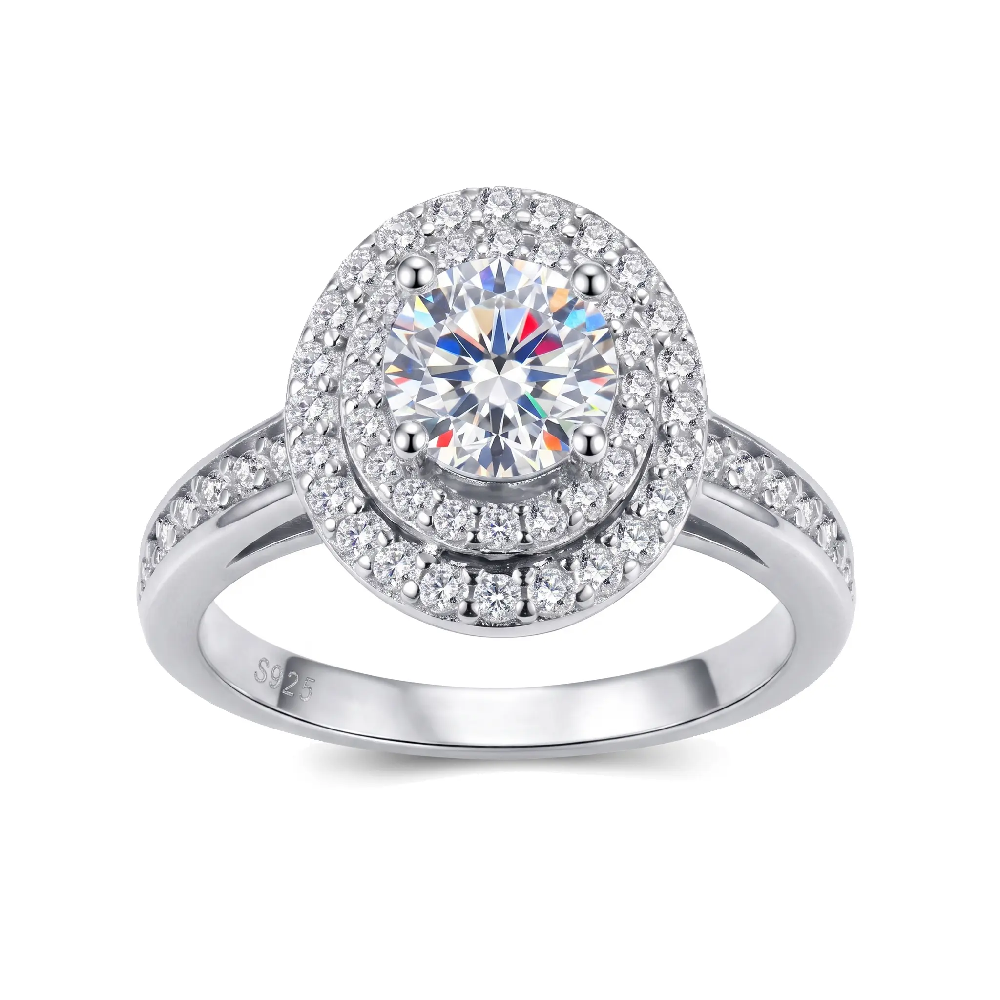Women's S925 Silver Moissanite Gem Double Halo Engagement Ring - Brilliant Round Cut, Split Shank Promise Piece, Classic Bridal Wedding Ring (Sizes 5-9), Wedding Rings