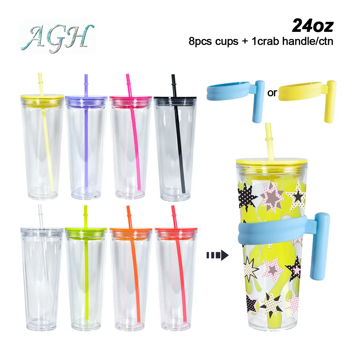 AGH 8/15pcs 24 oz Double Wall Acrylic Cups Snow Globe Plastic Tumbler with Lid & Straw for DIY UVDTF Gifts Travel Coffee Mug