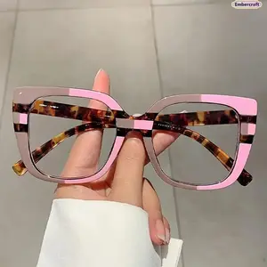 Square Clear Lens Glasses for Women, Color Block Leopard Print Eyewear with Chain Detail, Lightweight Stylish Fashion Glasses for Daily Wear, Work, Travel & Street Style Outfit