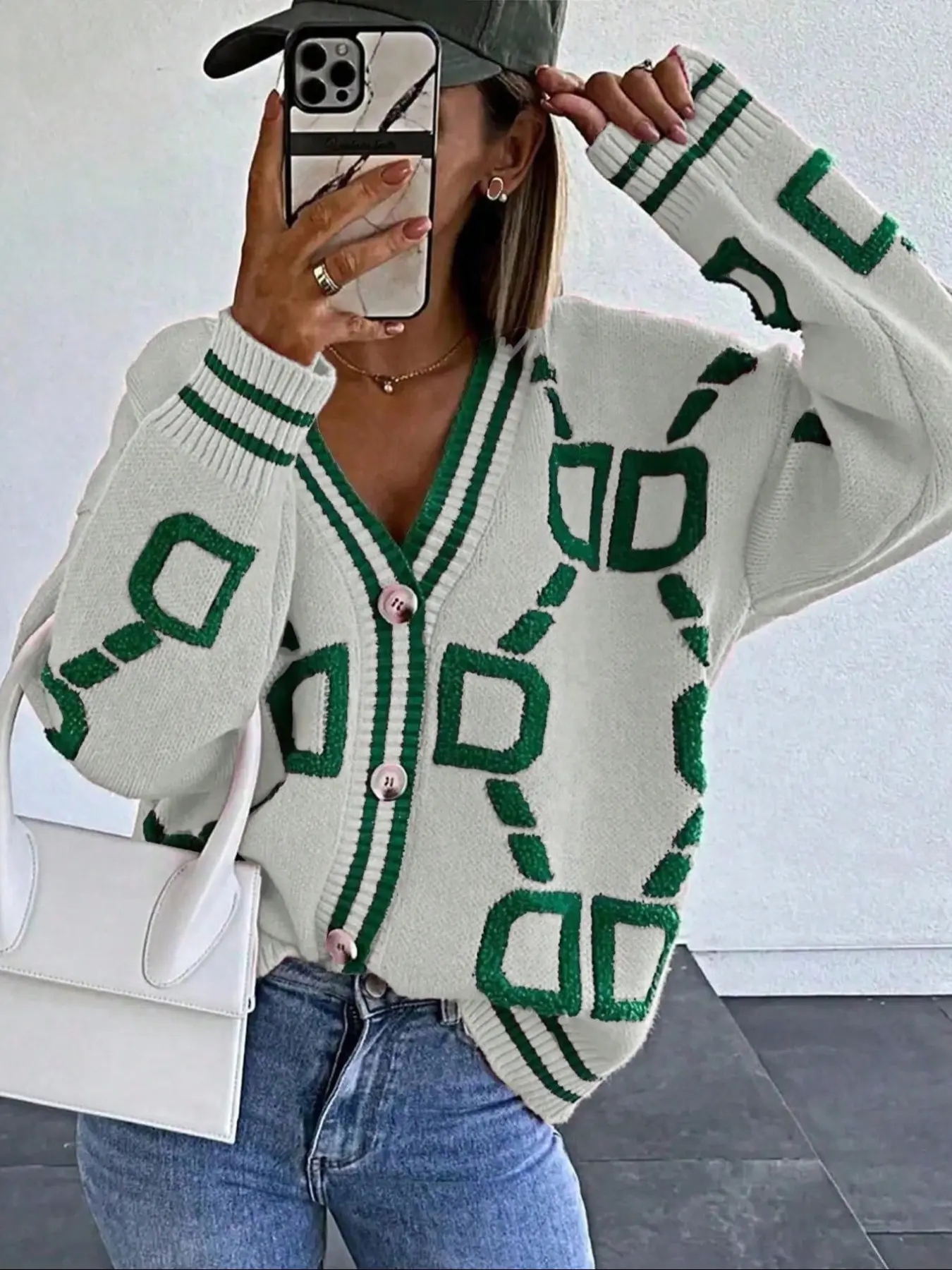 Women's Casual Chic Colorblock Geometric Knit Cardigan, Long Sleeve V Neck Single Button Loose Fit, Spring & Fall Fashion Knitting Outerwear Knitwear Womenswear Vneck