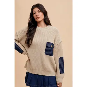 Annie Wear Contrast Round Neck Drop Shoulder Sweater with Patch Pocket