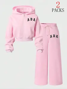 Women's Zipper Hoodie Set, Casual Loose Fit Letter Print Sweatshirt & Skinny Pants, Fall Winter Streetwear