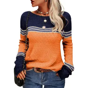 Lannew Women's Colorblock Knit Sweater Slim Fit Round Neck Top Autumn Winter Striped Pullover Vintage Elegance Classic Top