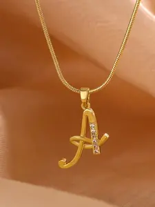 Handwriting Style Alphabet Letter Gold-Plated Inlaid Pendant Necklace, Women's Golden Snake Chain Collarbone Chain, Daily Wear Accessory And Festival Anniversary Gift, Charm Necklace, Dainty Fashion Jewelry