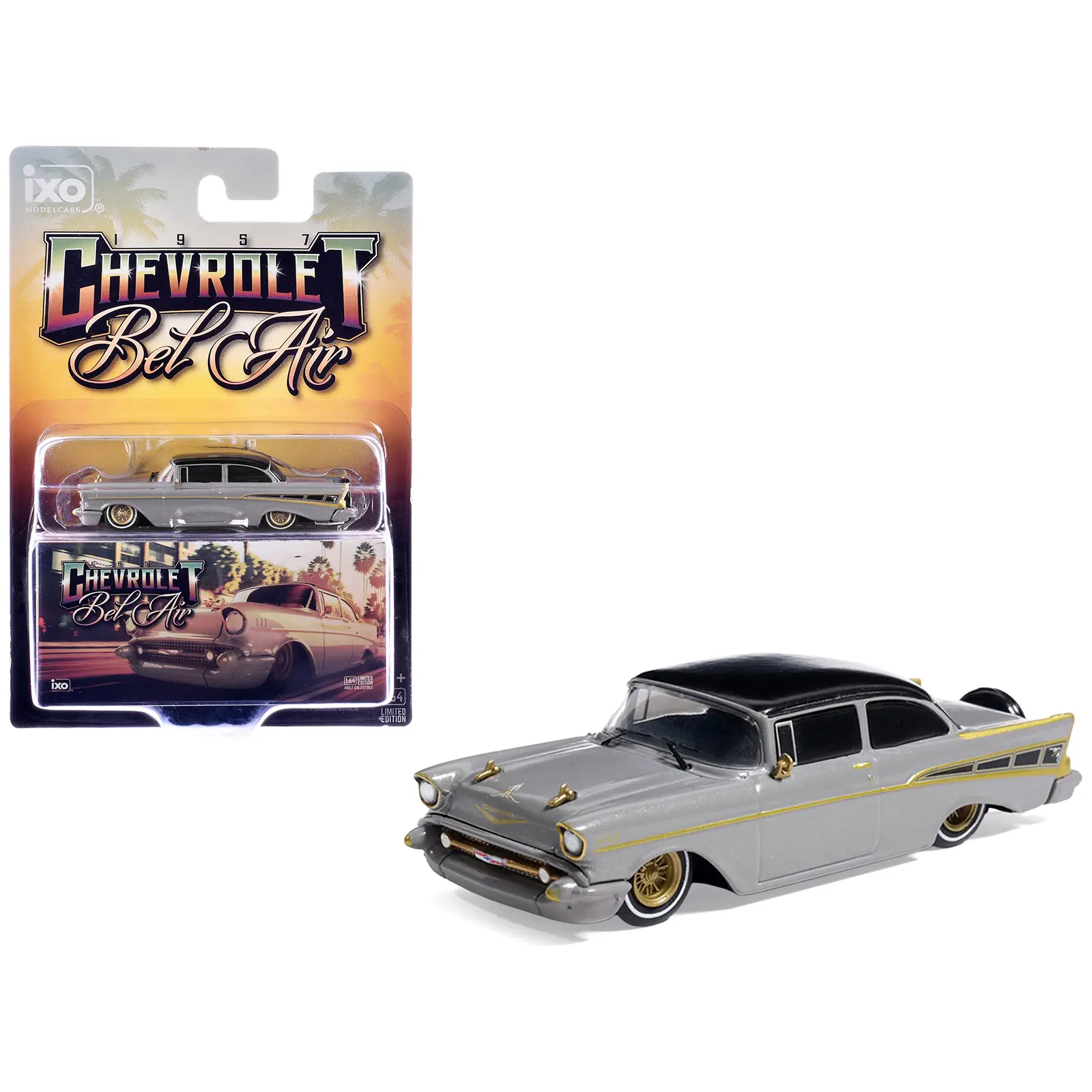 1957 Chevrolet Bel Air Lowrider Gray with Black Top and Gold Accents 1/64 Diecast Model Car by IXO Models