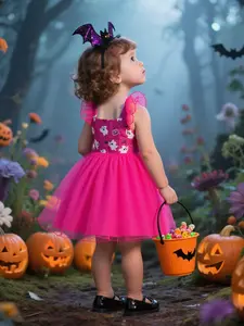 （Only dress ）Halloween Kids Witch Costume Dress Girls Princess Party Pumpkin Performance Clothes Fitted Plain Design All Seasons Wear