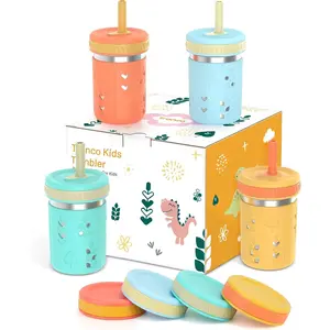 [4 Pack] 10 oz 2-in-1 Stainless Steel Kids Tumbler Cups with Silicone Sleeves, Spill-Resistant Flexible Straws & Storage Lids, BPA-Free Smoothie and Snack Cups, Dishwasher Safe