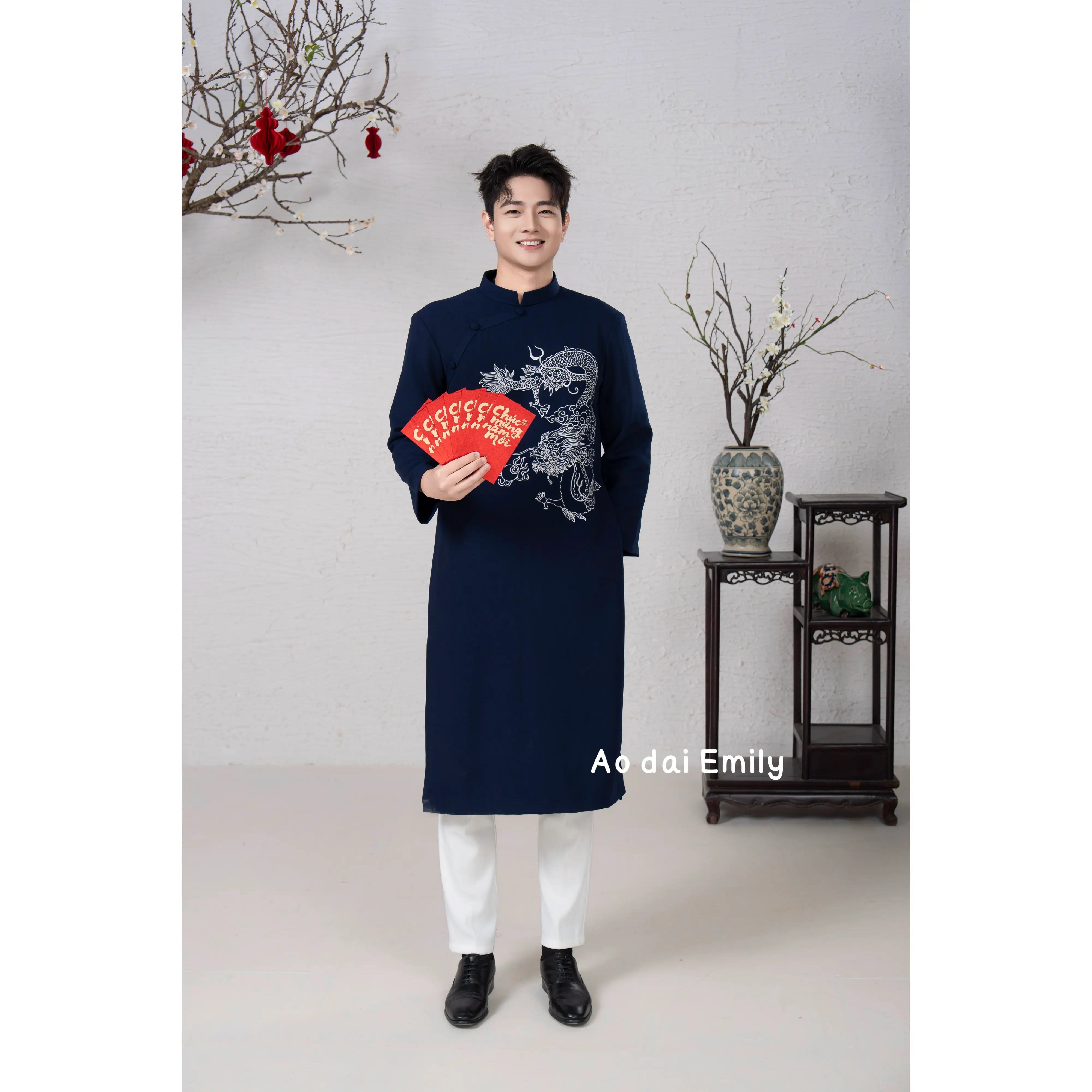 Midnight Blue Ao dai for men with Dragon embroidery