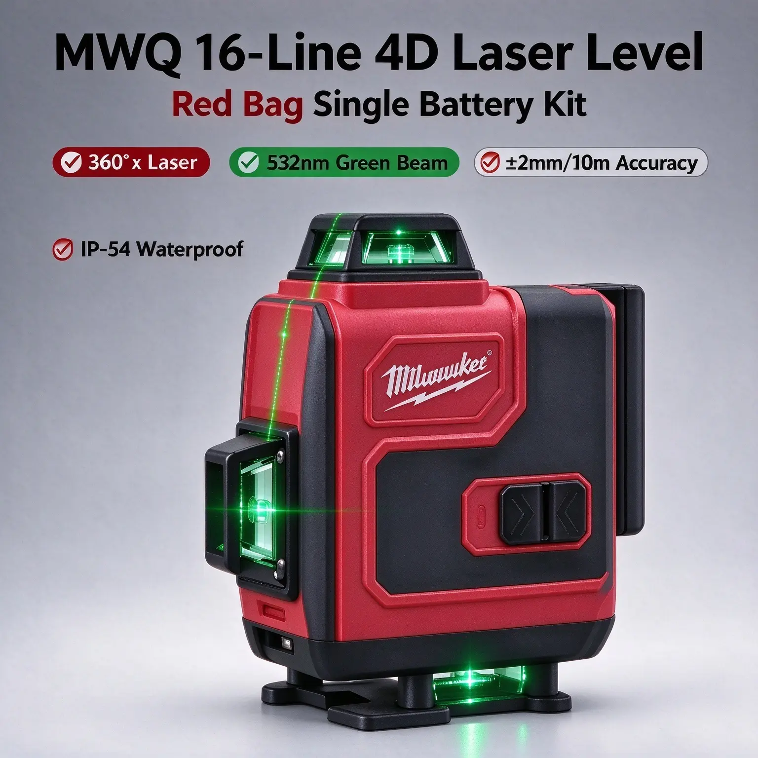 MWQ 16-Line 4D Laser Level, Single Battery Model, 360°x4 Green Beam Laser Level Kit, Stable Power Output, Self Leveling, IP54 Waterproof, for Tile Installation, Framing & Construction Layout Work