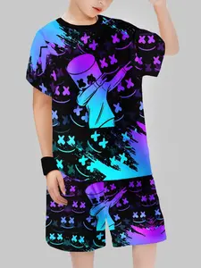 Cyberpunk Style Kids Set, Blue Bucket Man Print Short Sleeve Top & Shorts, Neon Outdoor Wear, Casual Fitted All Seasons