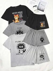 Three-Piece Cartoon Cat Print Pajama Set for Women, Loose-Fitting Short Sleeve and Shorts, Casual Sleepwear for All Seasons